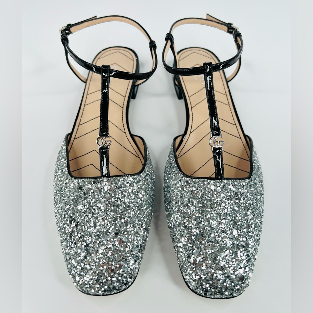 GUCCI PETITE GG SLINGBACK SILVER GLITTER PATENT CHARLOTTE FLATS SIZE EU 40 - Picture 7 of 9
